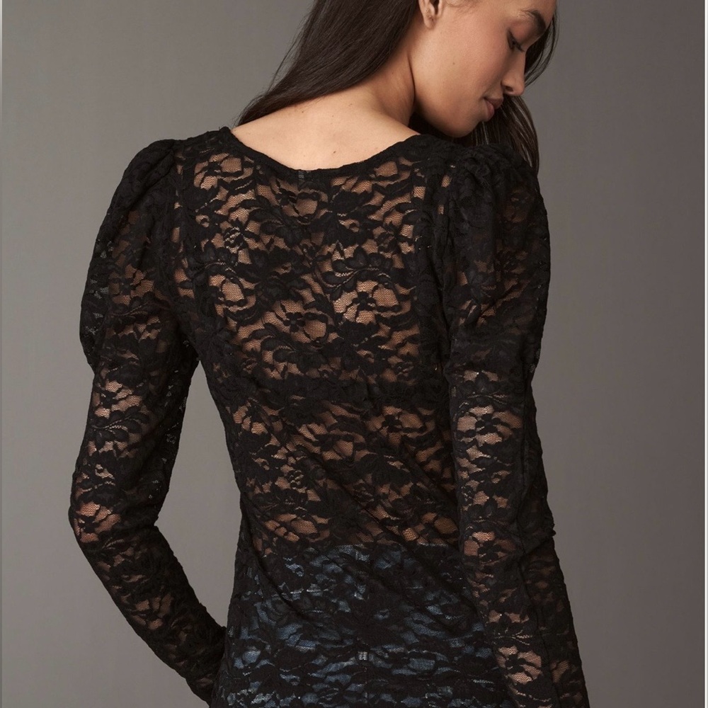 Anthropologie Puff-Sleeve Sheer Black Onyx Lace Top Whimsigoth Fairy Grung Sz S - Picture 2 of 14